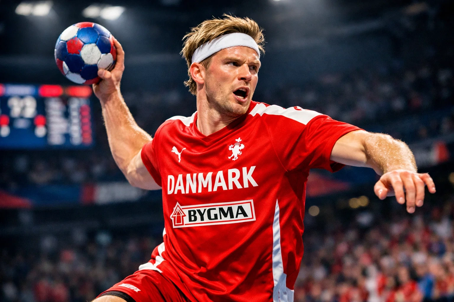 Håndboldspiller i aktion foran en stilling tavle - guide til betting med tabelanalyse